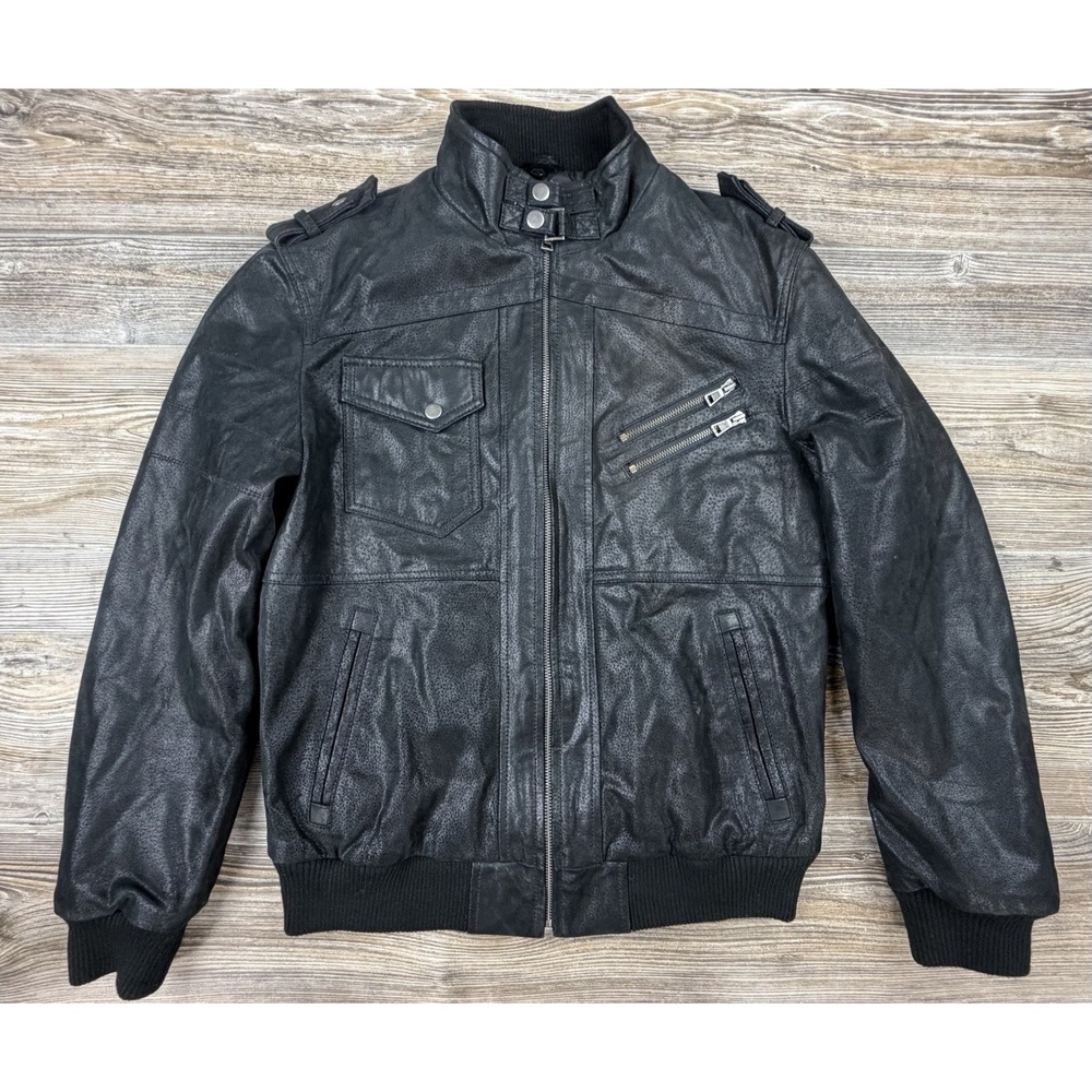 FLAVOR Men Black Leather Moto Biker Motorcycle Jacket Size S Missing Hood